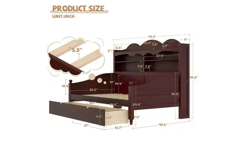 Divano Letto Singolo con Cassetti Contenitore e Mensole nella Testiera, Struttura in Legno, Espresso