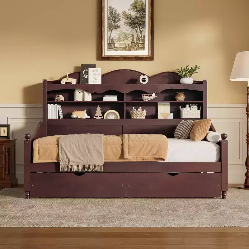 Divano Letto Singolo con Cassetti Contenitore e Mensole nella Testiera, Struttura in Legno, Espresso