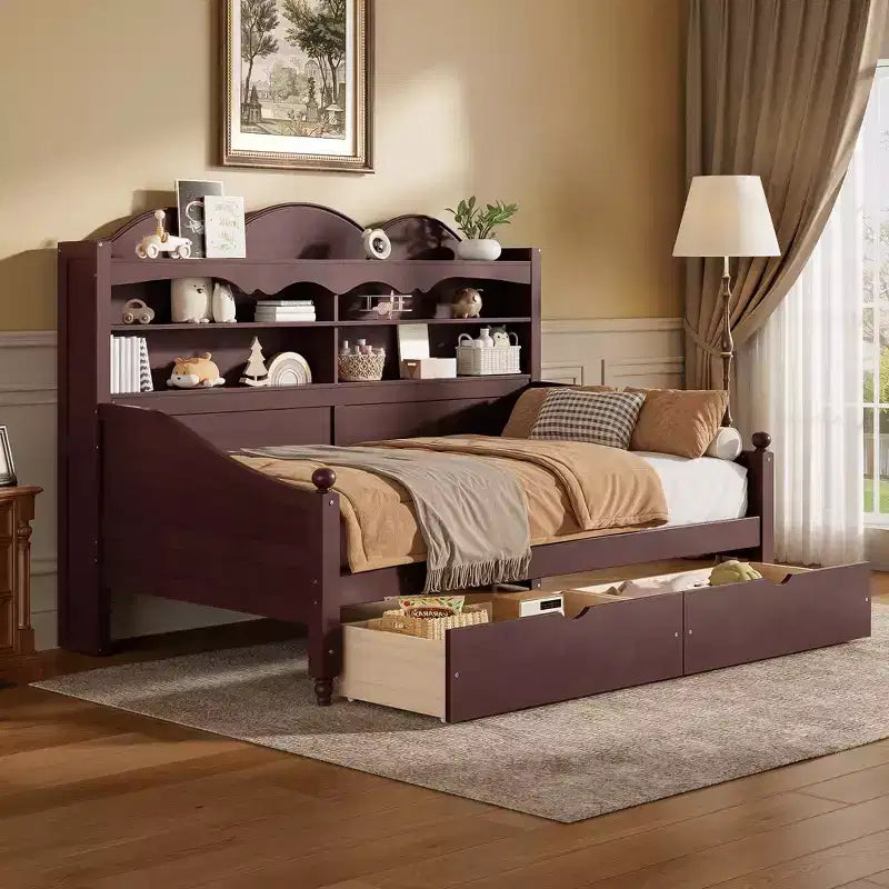 Divano Letto Singolo con Cassetti Contenitore e Mensole nella Testiera, Struttura in Legno, Espresso