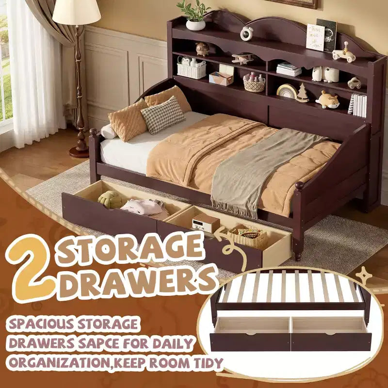 Divano Letto Singolo con Cassetti Contenitore e Mensole nella Testiera, Struttura in Legno, Espresso