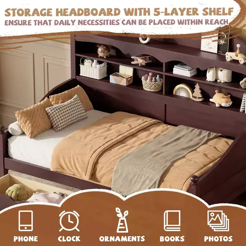 Divano Letto Singolo con Cassetti Contenitore e Mensole nella Testiera, Struttura in Legno, Espresso