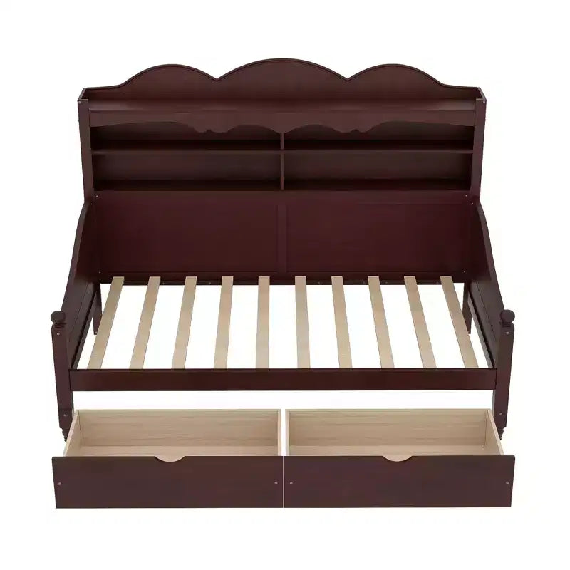 Divano Letto Singolo con Cassetti Contenitore e Mensole nella Testiera, Struttura in Legno, Espresso