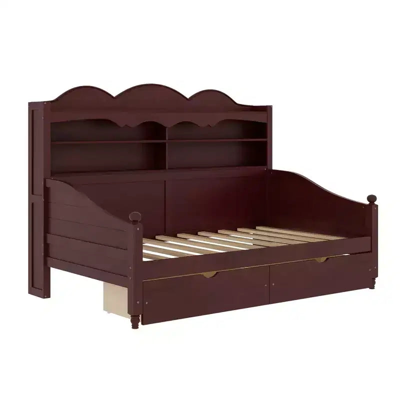 Divano Letto Singolo con Cassetti Contenitore e Mensole nella Testiera, Struttura in Legno, Espresso