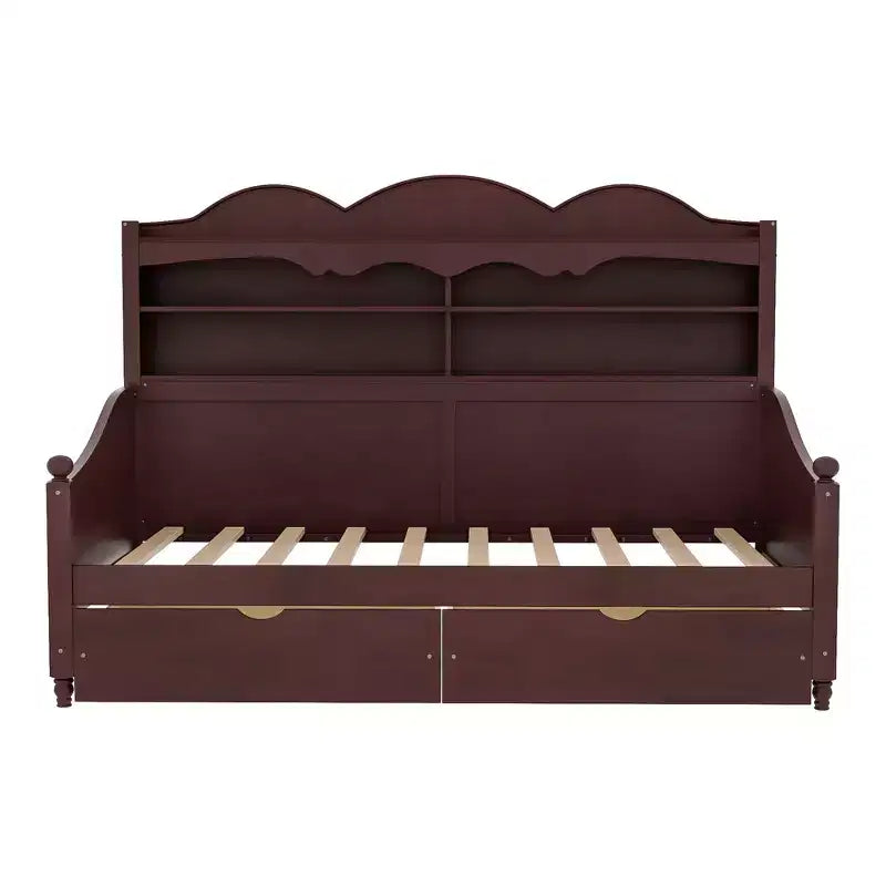Divano Letto Singolo con Cassetti Contenitore e Mensole nella Testiera, Struttura in Legno, Espresso