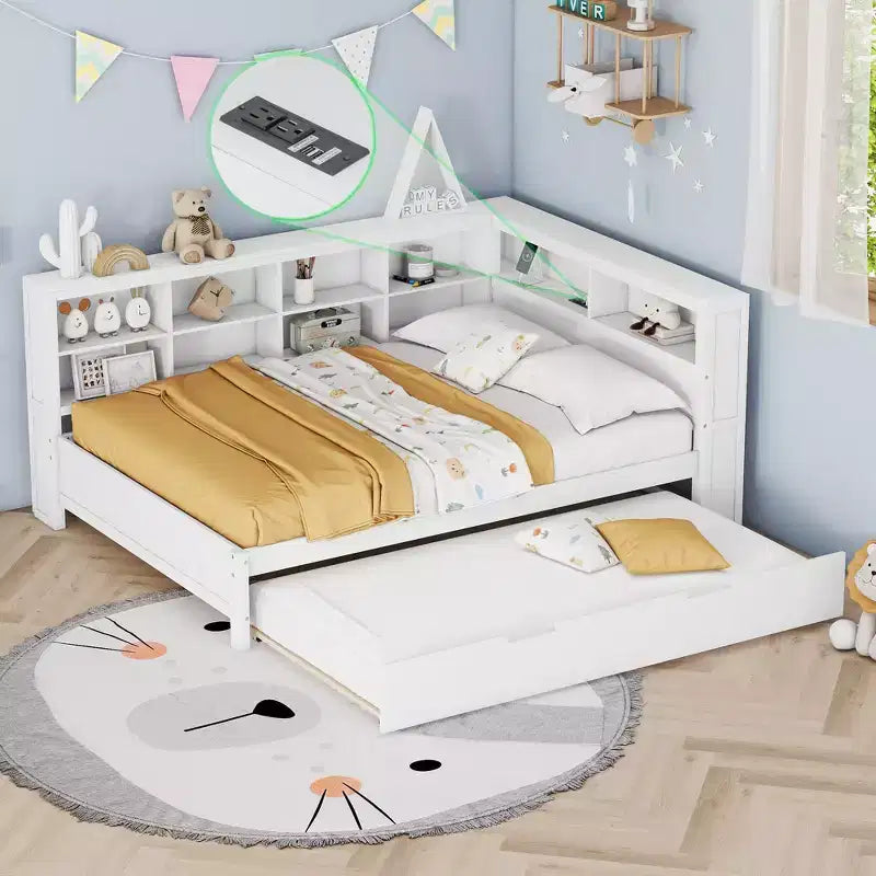 Wooden Full Daybed with Twin Trundle, Storage Shelf and USB Charging Ports, White
