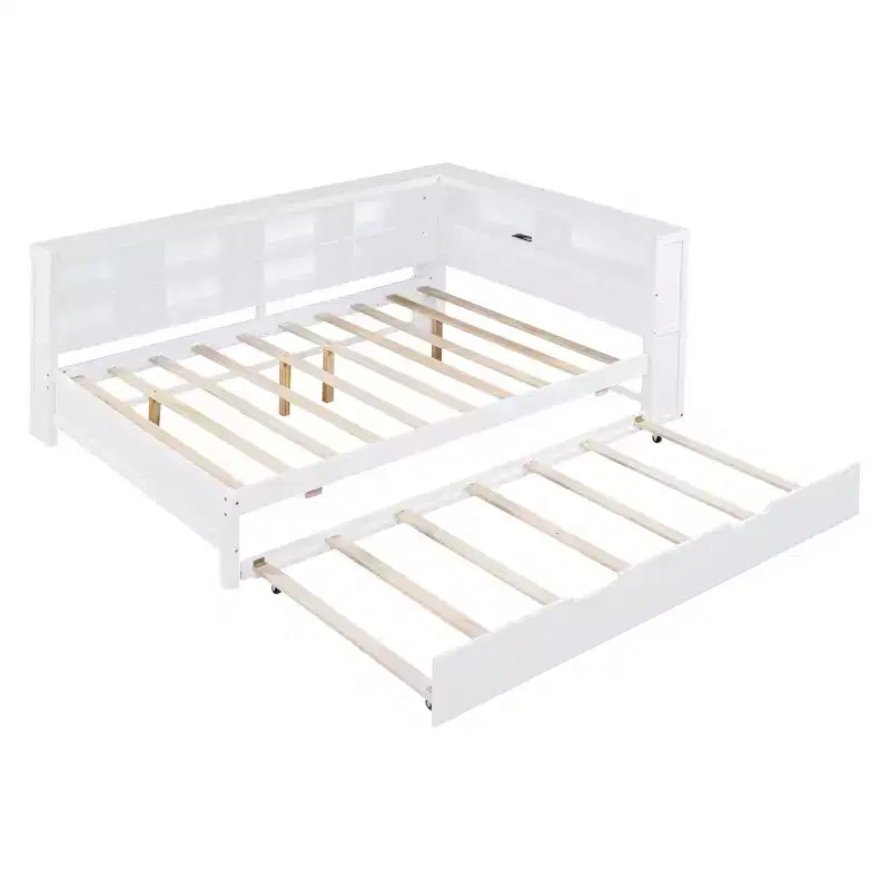 Daybed completo in legno con letto estraibile singolo, ripiano portaoggetti e porte di ricarica USB, bianco