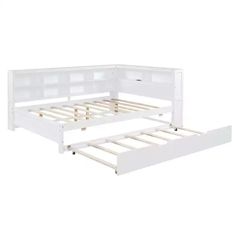 Daybed completo in legno con letto estraibile singolo, ripiano portaoggetti e porte di ricarica USB, bianco