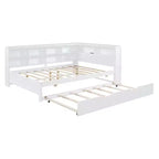 Daybed completo in legno con letto estraibile singolo, ripiano portaoggetti e porte di ricarica USB, bianco