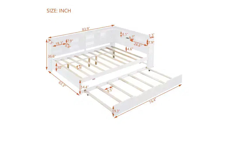 Daybed completo in legno con letto estraibile singolo, ripiano portaoggetti e porte di ricarica USB, bianco