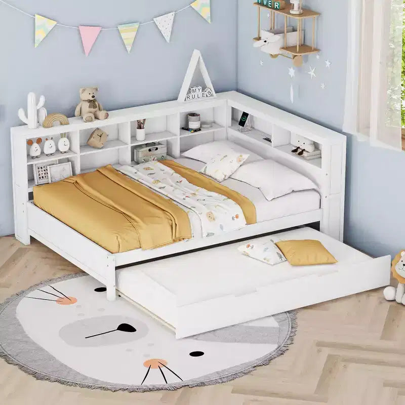 Daybed completo in legno con letto estraibile singolo, ripiano portaoggetti e porte di ricarica USB, bianco