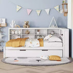 Daybed completo in legno con letto estraibile singolo, ripiano portaoggetti e porte di ricarica USB, bianco