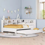 Daybed completo in legno con letto estraibile singolo, ripiano portaoggetti e porte di ricarica USB, bianco