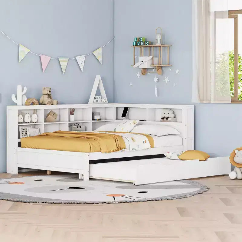 Daybed completo in legno con letto estraibile singolo, ripiano portaoggetti e porte di ricarica USB, bianco