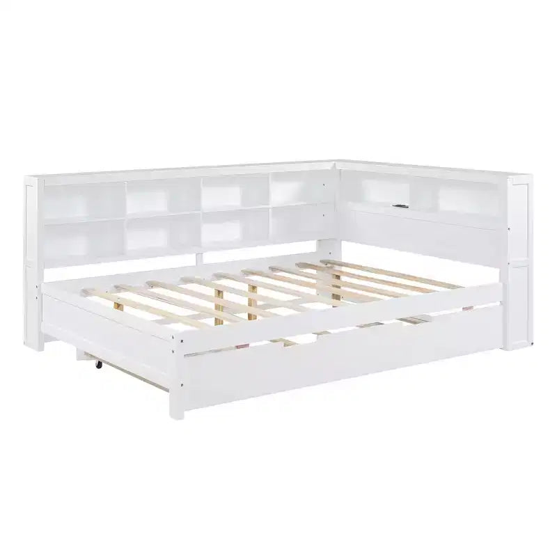 Daybed completo in legno con letto estraibile singolo, ripiano portaoggetti e porte di ricarica USB, bianco
