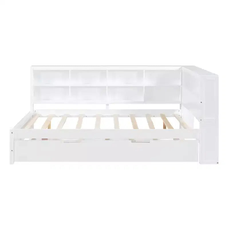 Daybed completo in legno con letto estraibile singolo, ripiano portaoggetti e porte di ricarica USB, bianco