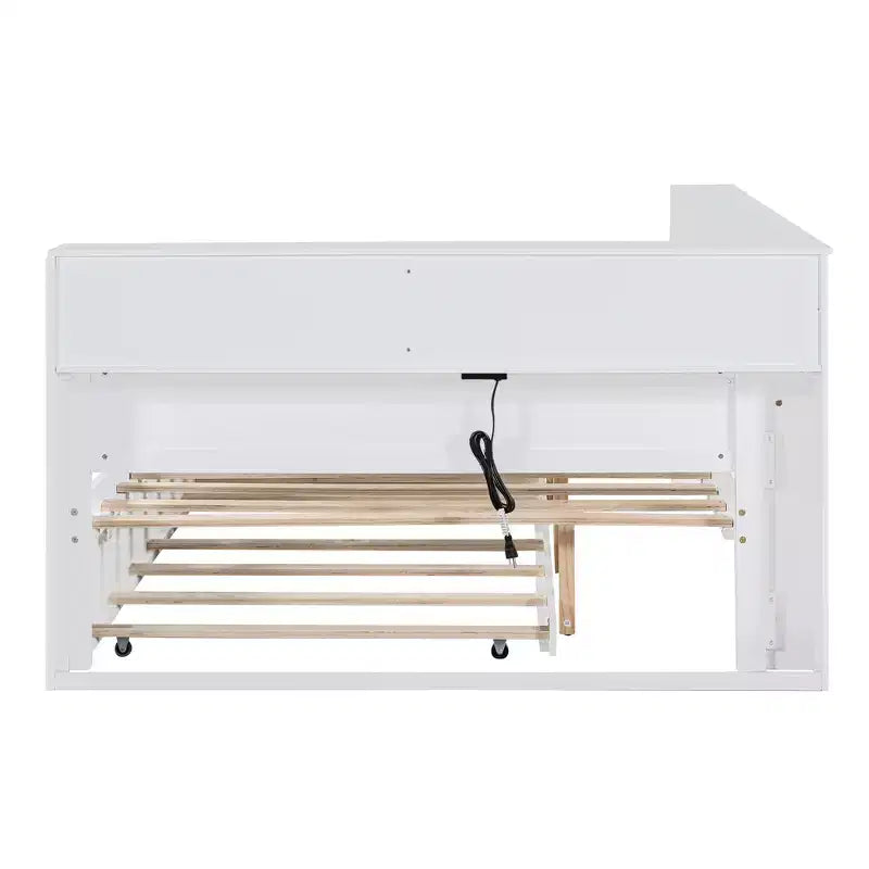 Daybed completo in legno con letto estraibile singolo, ripiano portaoggetti e porte di ricarica USB, bianco