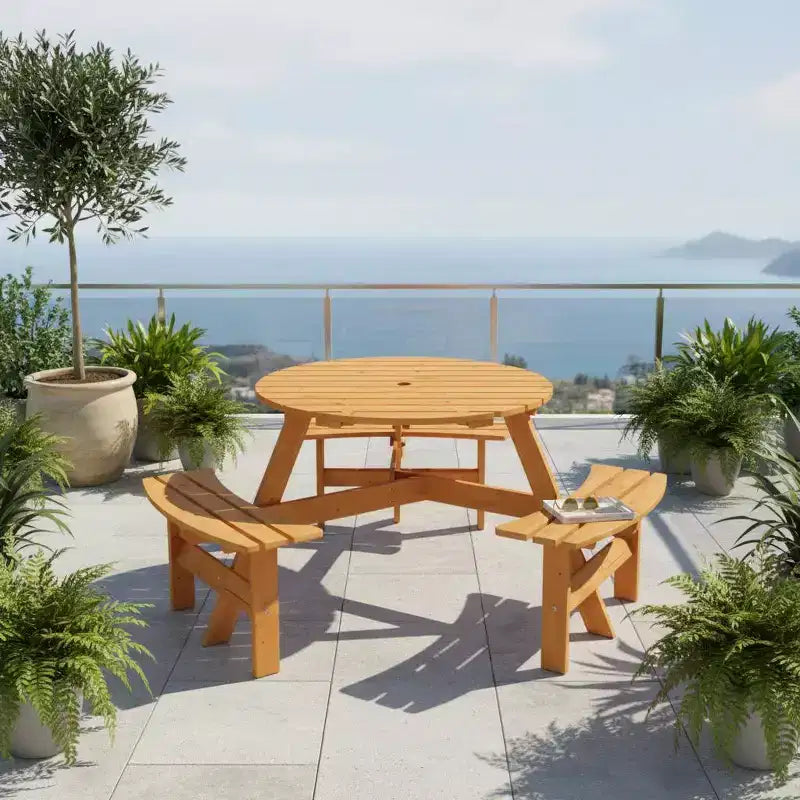 Tavolo da Picnic Rotondo per Esterni per 6 Persone Gymax con 3 Panche Integrate e 2 Fori per Ombrellone per Patio, Prato, Giardino Marrone/Giallo