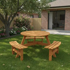 Tavolo da Picnic Rotondo per Esterni per 6 Persone Gymax con 3 Panche Integrate e 2 Fori per Ombrellone per Patio, Prato, Giardino Marrone/Giallo