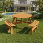 Tavolo da Picnic Rotondo per Esterni per 6 Persone Gymax con 3 Panche Integrate e 2 Fori per Ombrellone per Patio, Prato, Giardino Marrone/Giallo