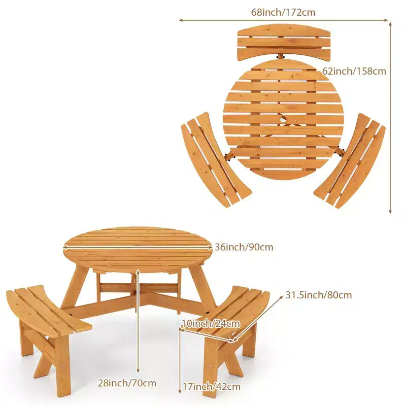 Tavolo da Picnic Rotondo per Esterni per 6 Persone Gymax con 3 Panche Integrate e 2 Fori per Ombrellone per Patio, Prato, Giardino Marrone/Giallo