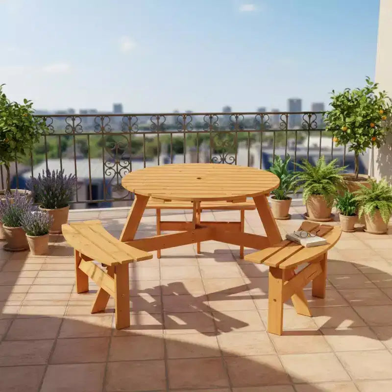 Tavolo da Picnic Rotondo per Esterni per 6 Persone Gymax con 3 Panche Integrate e 2 Fori per Ombrellone per Patio, Prato, Giardino Marrone/Giallo