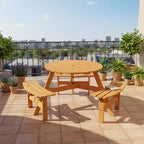 Tavolo da Picnic Rotondo per Esterni per 6 Persone Gymax con 3 Panche Integrate e 2 Fori per Ombrellone per Patio, Prato, Giardino Marrone/Giallo
