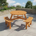 Tavolo da Picnic Rotondo per Esterni per 6 Persone Gymax con 3 Panche Integrate e 2 Fori per Ombrellone per Patio, Prato, Giardino Marrone/Giallo