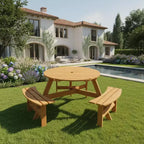 Tavolo da Picnic Rotondo per Esterni per 6 Persone Gymax con 3 Panche Integrate e 2 Fori per Ombrellone per Patio, Prato, Giardino Marrone/Giallo