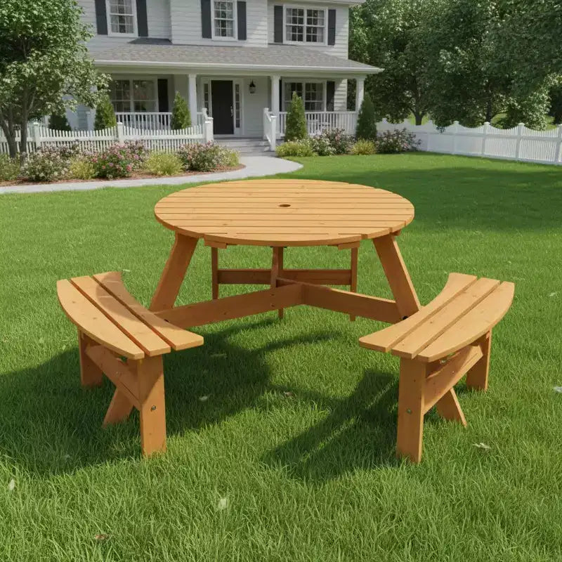 Tavolo da Picnic Rotondo per Esterni per 6 Persone Gymax con 3 Panche Integrate e 2 Fori per Ombrellone per Patio, Prato, Giardino Marrone/Giallo