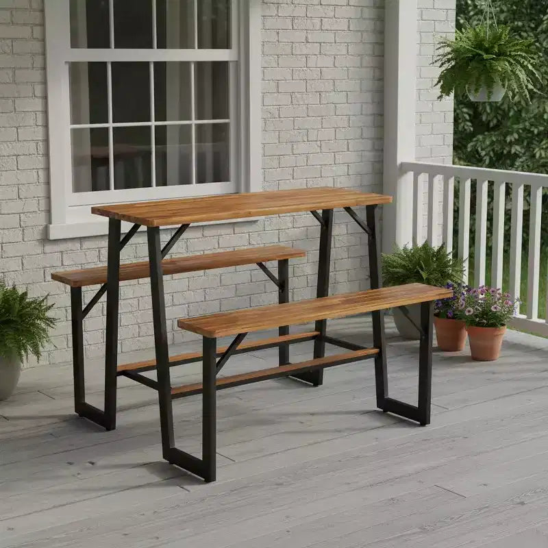 Set Tavolo da Picnic Gymax in Legno di Acacia con Panche e Poggiapiedi Integrati, Piedini Regolabili per un Pranzo Confortevole all'Aperto