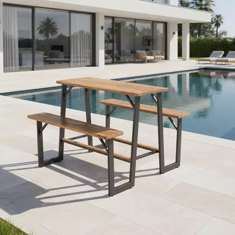 Set Tavolo da Picnic Gymax in Legno di Acacia con Panche e Poggiapiedi Integrati, Piedini Regolabili per un Pranzo Confortevole all'Aperto
