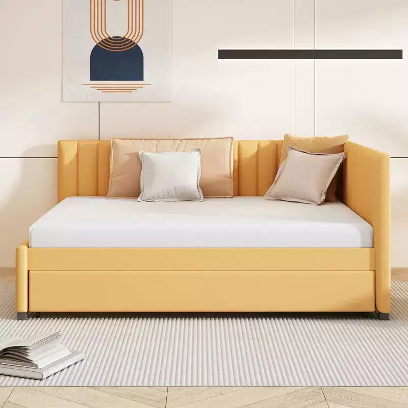 FAMYYT Full Size Upholstered Daybed With Twin Size Trundle, Easy Assembly, Yellow