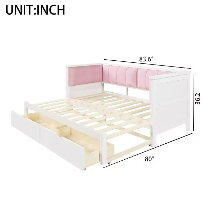 Divano letto Luxystar Twin XL trasformabile in letto matrimoniale con 2 cassetti e schienale imbottito, Bianco+Rosa