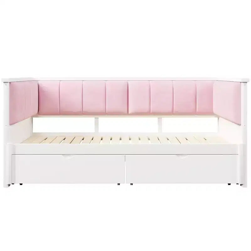 Divano letto Luxystar Twin XL trasformabile in letto matrimoniale con 2 cassetti e schienale imbottito, Bianco+Rosa
