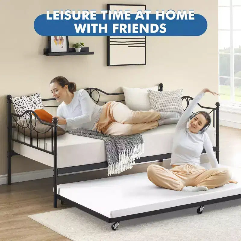 Acekool Letto a Giornata Matrimoniale con Rete Estraibile, 4 Ruote Frenanti e Struttura in Metallo per Soggiorno Camera da Letto