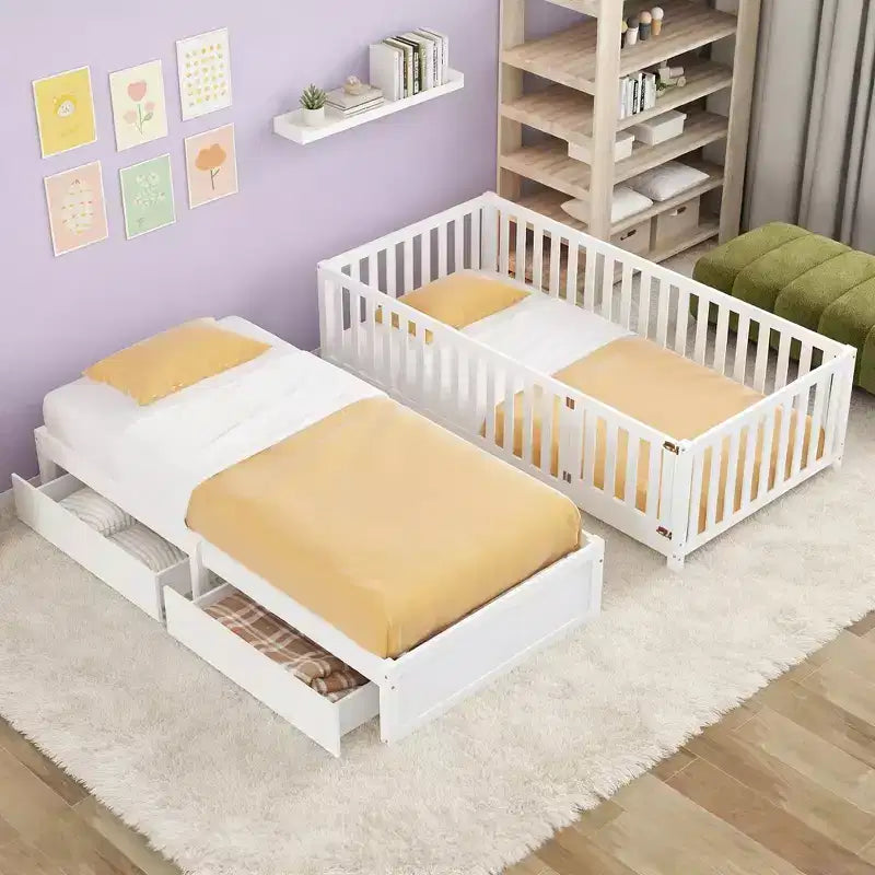 Divano letto doppio in legno Luxystar con porta e 2 cassetti, divisibile in 2 letti per la stanza dei bambini