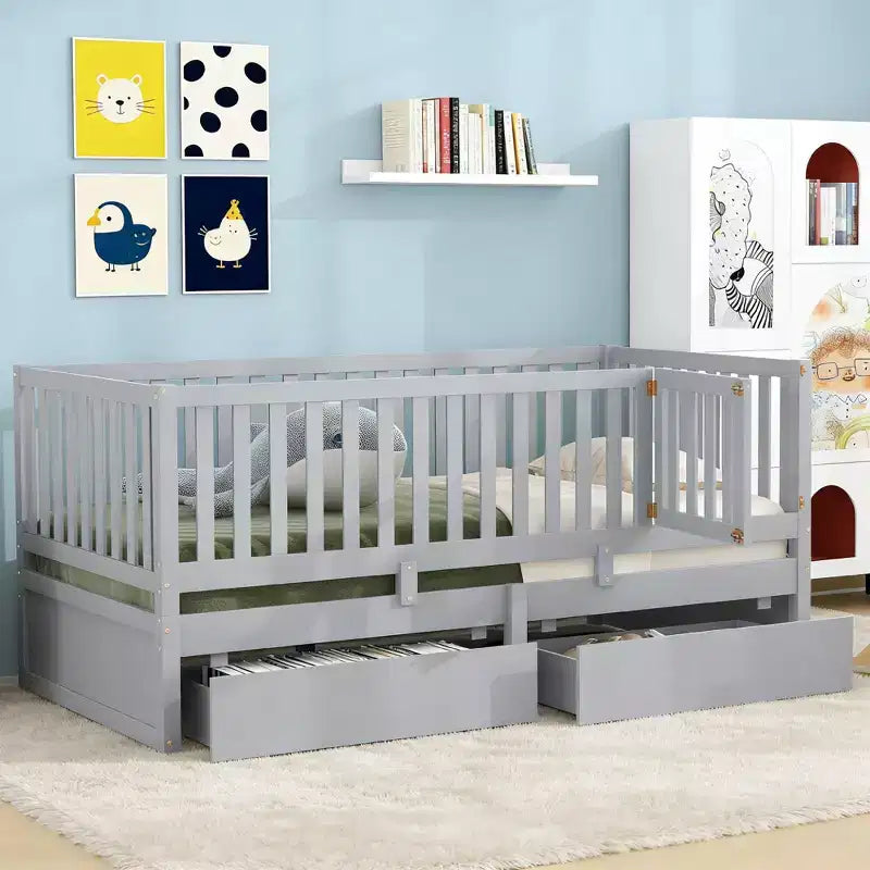 Luxystar Twin Wooden Daybed with Door and 2 Drawers, Detachable into 2 Beds for Kids'Room