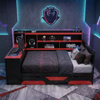 Polibi Gamer Hub Divano Letto con Scrivania, Luci RGB, Stazione di Ricarica, Cassetti Portaoggetti e Testiera con Libreria