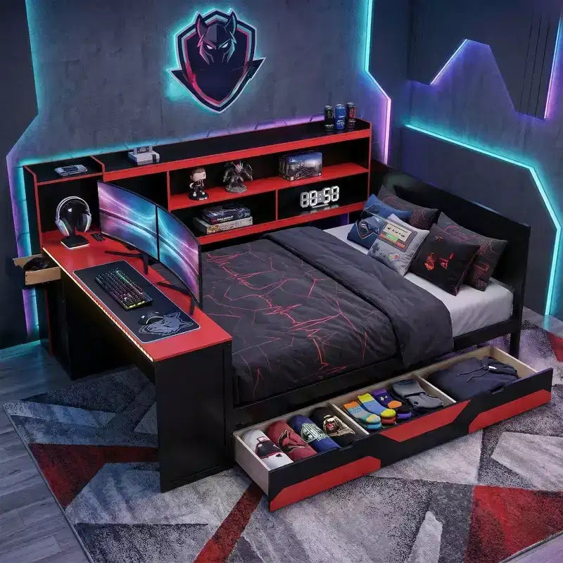 Polibi Gamer Hub Divano Letto con Scrivania, Luci RGB, Stazione di Ricarica, Cassetti Portaoggetti e Testiera con Libreria