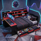 Polibi Gamer Hub Divano Letto con Scrivania, Luci RGB, Stazione di Ricarica, Cassetti Portaoggetti e Testiera con Libreria