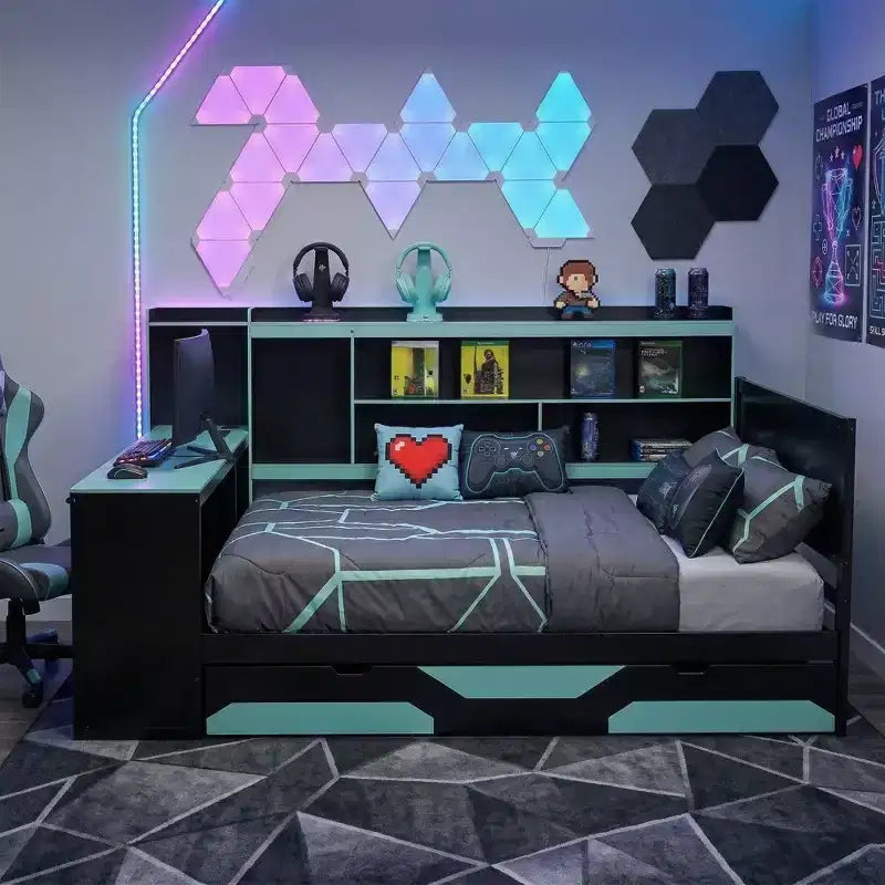 Polibi Gamer Hub Divano Letto con Scrivania, Luci RGB, Stazione di Ricarica, Cassetti Portaoggetti e Testiera con Libreria