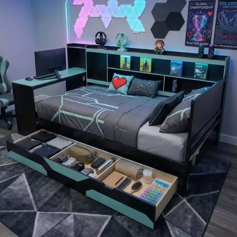 Polibi Gamer Hub Divano Letto con Scrivania, Luci RGB, Stazione di Ricarica, Cassetti Portaoggetti e Testiera con Libreria