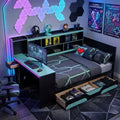 Polibi Gamer Hub Daybed with Desk, RGB Lights, Charging Station, Storage Drawers & Bookcase Headboard