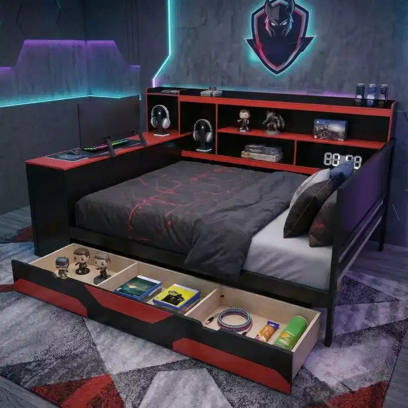 Polibi Gamer Hub Divano Letto con Scrivania, Luci RGB, Stazione di Ricarica, Cassetti Portaoggetti e Testiera con Libreria