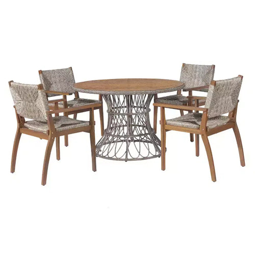 Set da Pranzo da Esterno a 5 Pezzi con Tavolo Rotondo in Legno di Acacia e 4 Poltrone Intrecciate, Mobili da Giardino Moderni per Cortile, Terrazza-Panipeachy