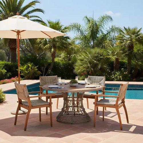 5-Piece Outdoor Patio Dining Set with Round Acacia Wood Table & 4 Woven Armchairs, Modern Garden Dining Furniture for Backyard, Deck-Panipeachy