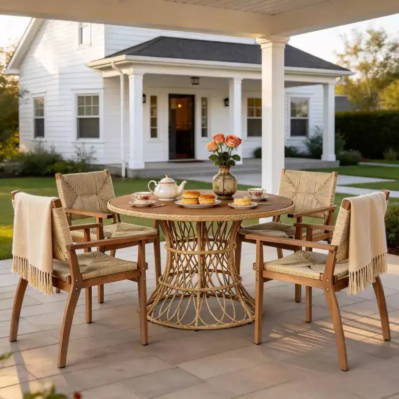 Set da Pranzo da Esterno a 5 Pezzi con Tavolo Rotondo in Legno di Acacia e 4 Poltrone Intrecciate, Mobili da Giardino Moderni per Cortile, Terrazza-Panipeachy