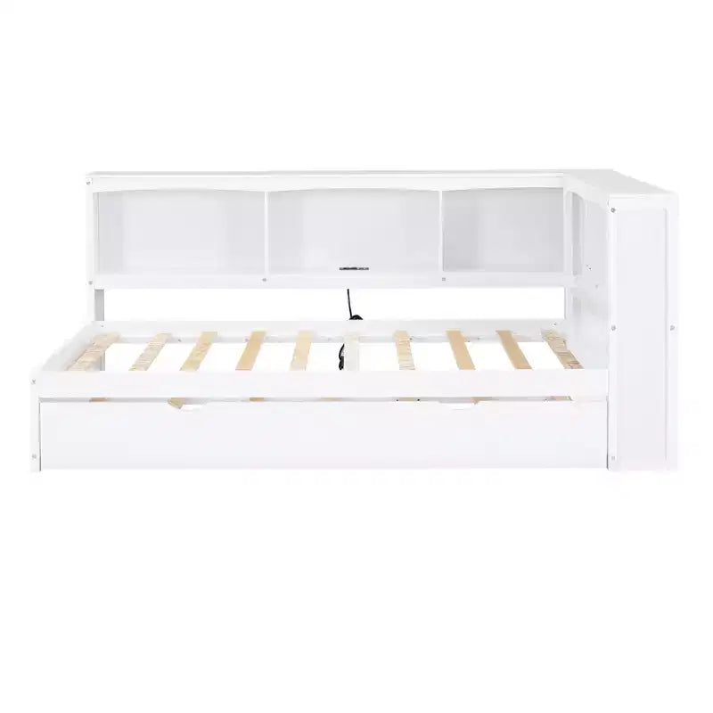 FAMYYT Letto a una piazza con rotelle salvaspazio, armadietti e porte USB, facile da montare, bianco