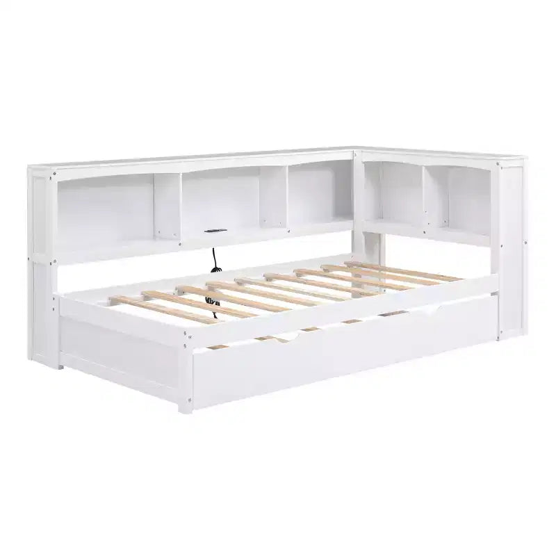 FAMYYT Letto a una piazza con rotelle salvaspazio, armadietti e porte USB, facile da montare, bianco