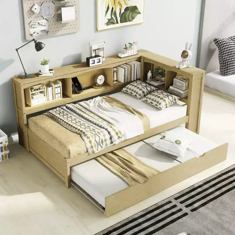FAMYYT Letto a giorno singolo con rotelle salvaspazio, contenitori e porte USB, facile da montare, colore legno